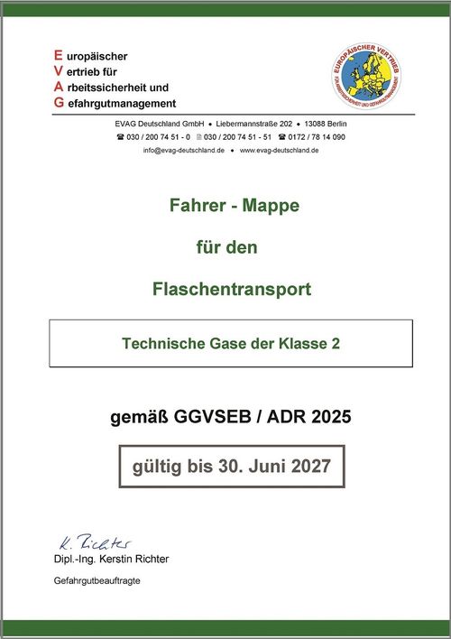 Fahrermappe für technische Gase – Flaschentransport (Deckblatt)