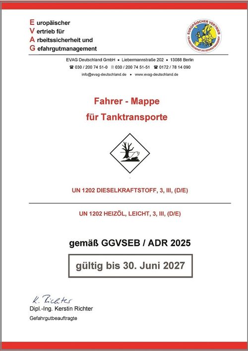 Fahrermappe für Tanktransporte UN 1202 (Deckblatt)