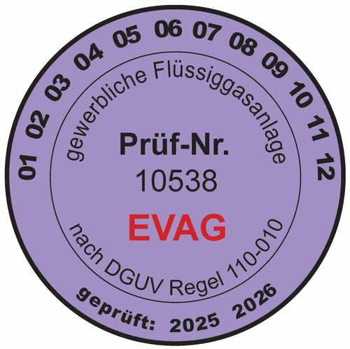 Prüfplakette violett für gewerbliche Flüssiggasanlagen nach DGUV Regel 110-010